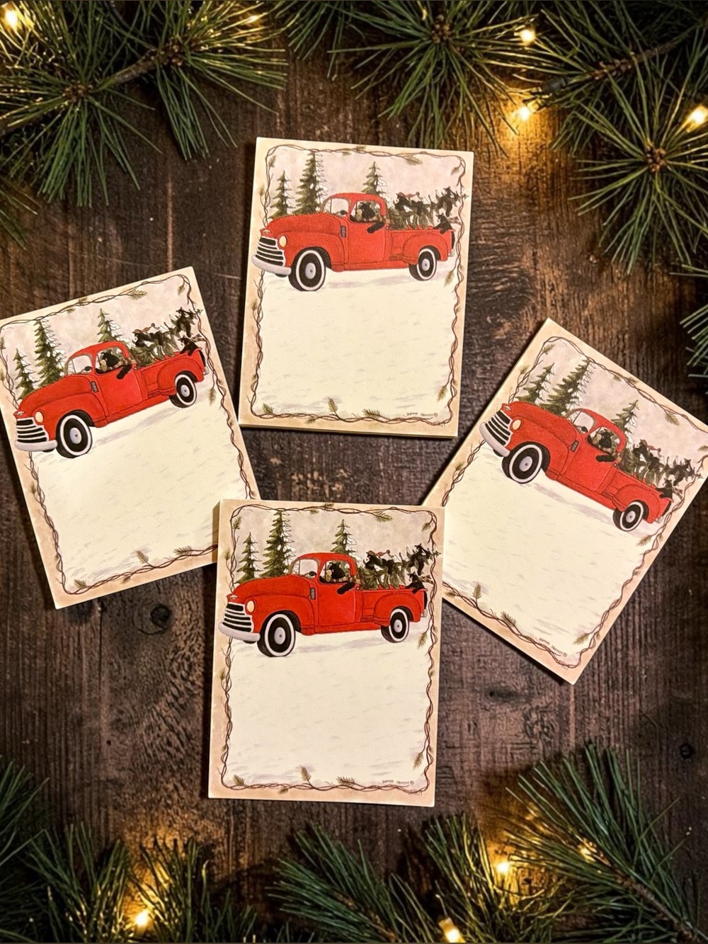 4 red truck & bear sticky note pads wrapped individually, made in USA